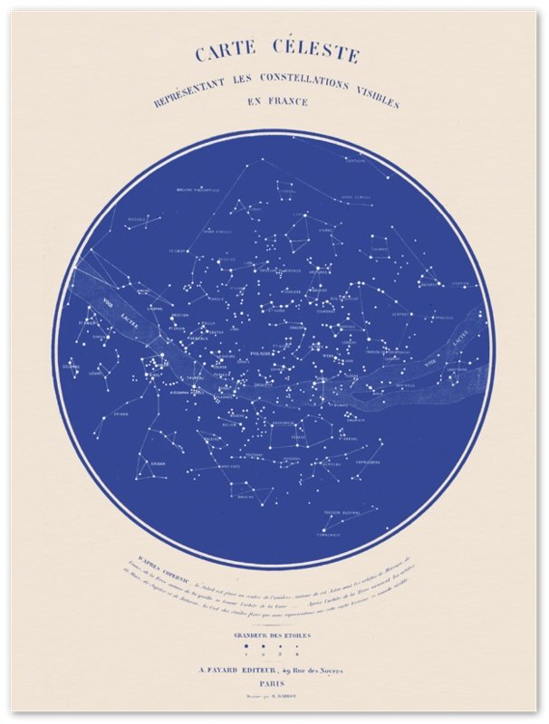 Affiche d'art Carte céleste représentant les constellations visibles en France - R. Barbot - Les vilaines curiosités