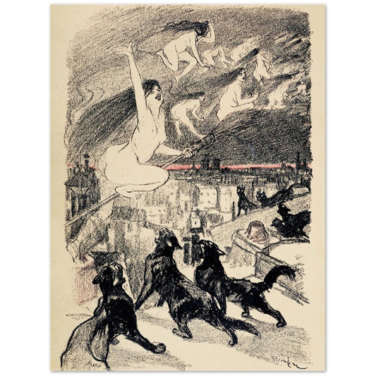 Affiche d'art chats noirs hurlants pendant que les sorcières volent au sabbat - Théophile Alexandre Steinlen - Les vilaines curiosités